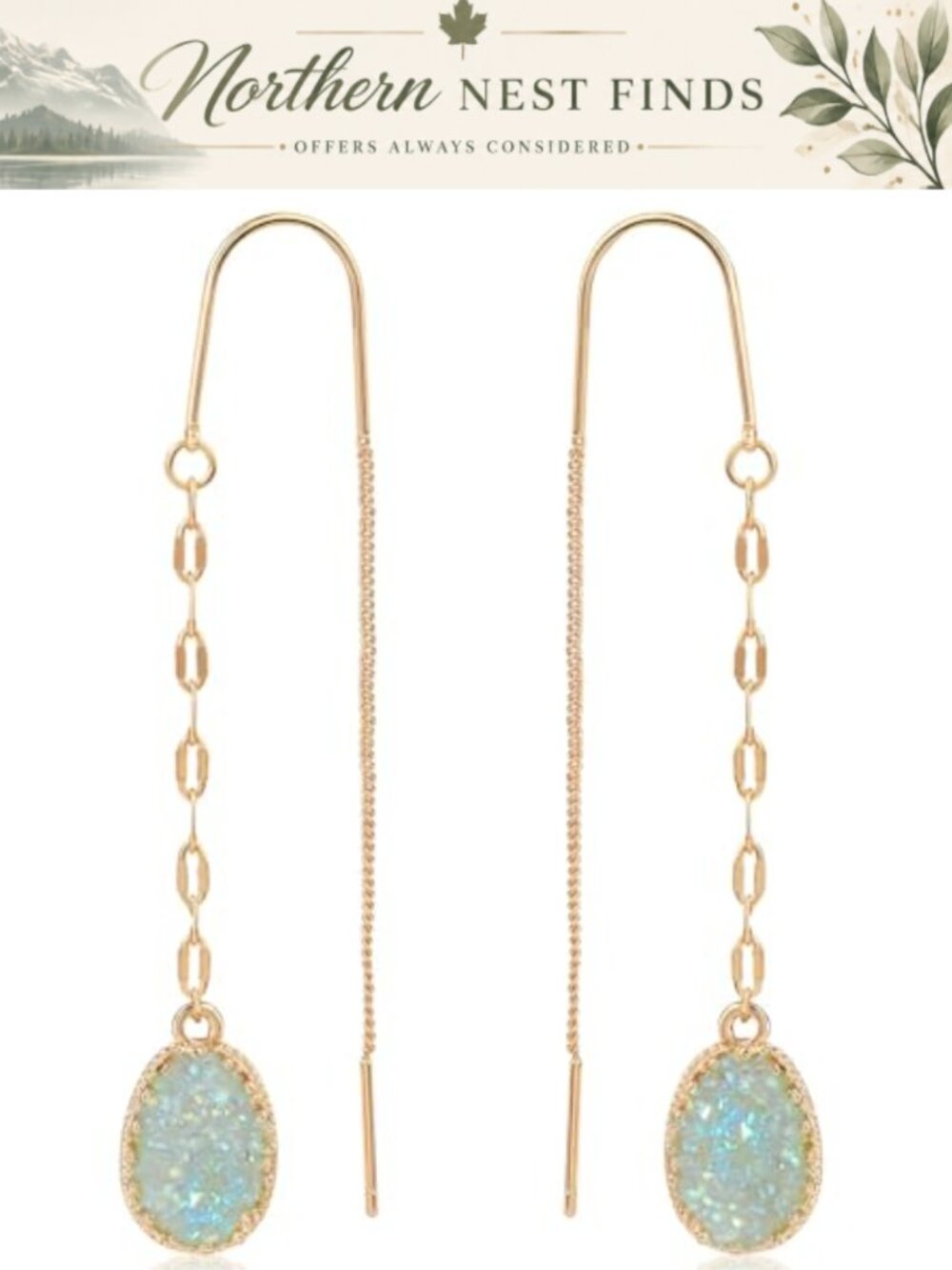 Simulated Druzy Threader Earrings Gold Tone Plated Long Chain Boho